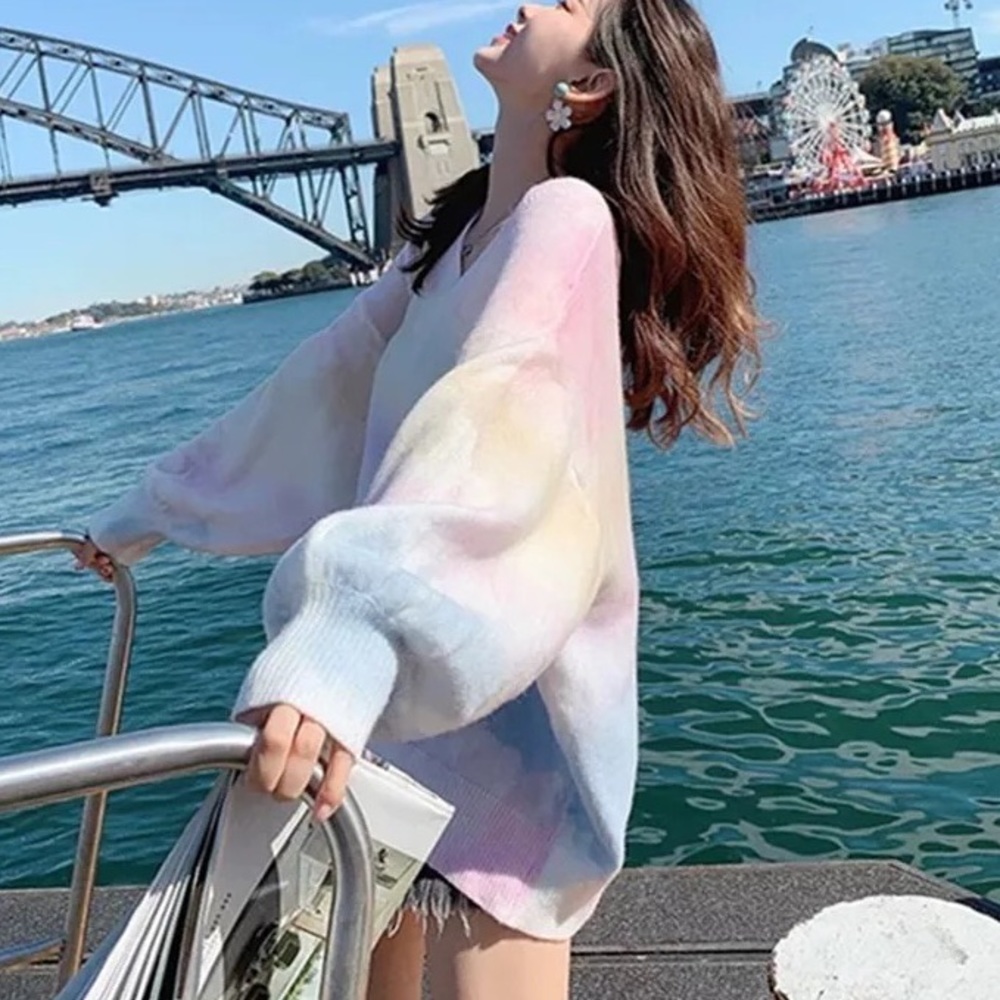🌸HP🌸Rainbow tie dye sweater womens vneck long sleeve knit pink blue purple